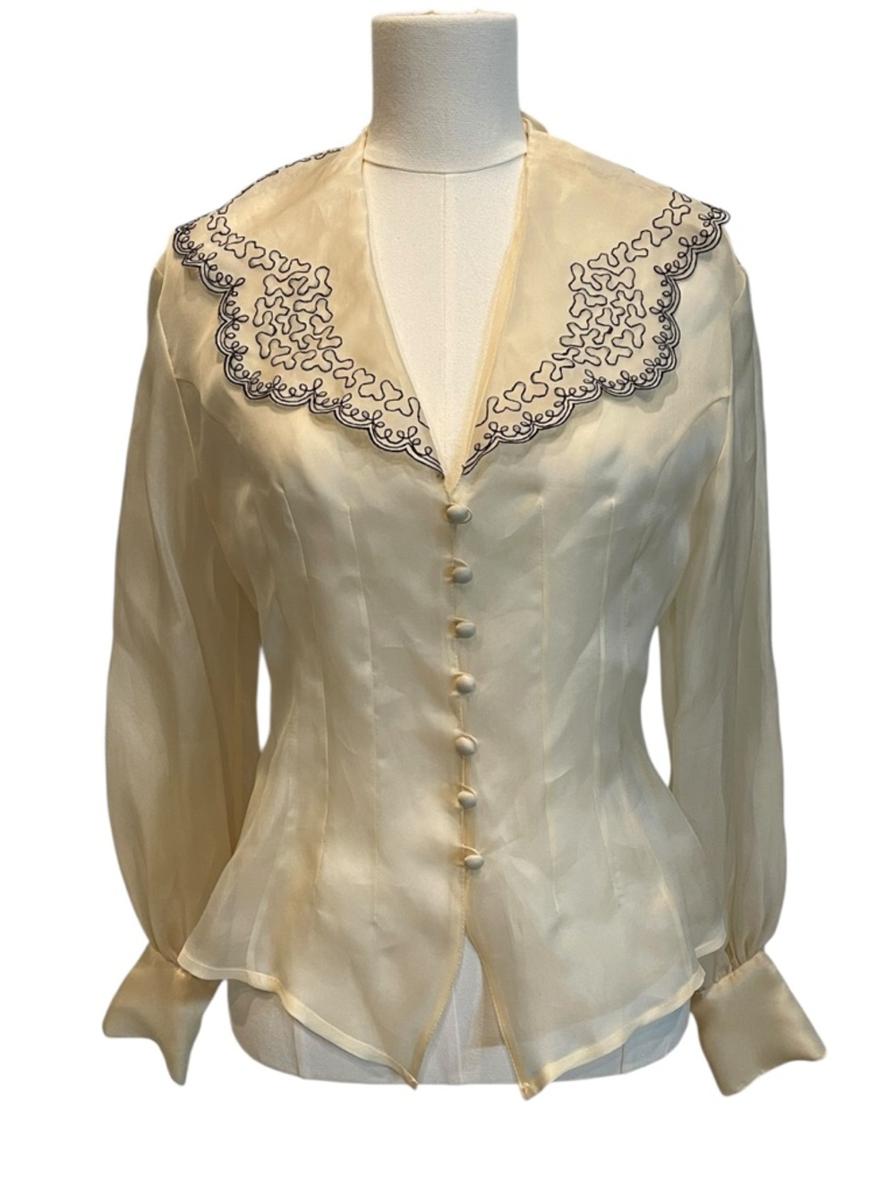Lolita Lempicka Cream Sheer Button-Front Blouse Embroidered Collar silk top 10